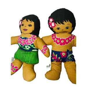 Vintage Hawaiian Huggables Cloth Hula Girl Doll and Boy 16”